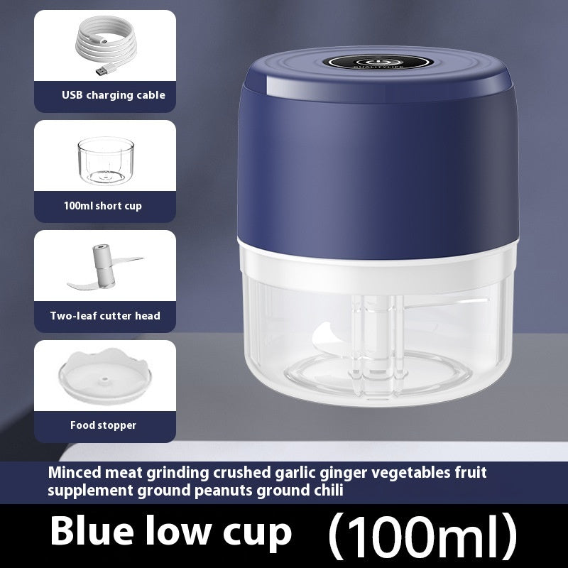 Blue mini electric garlic press and food chopper with USB charging cable and 100ml cup