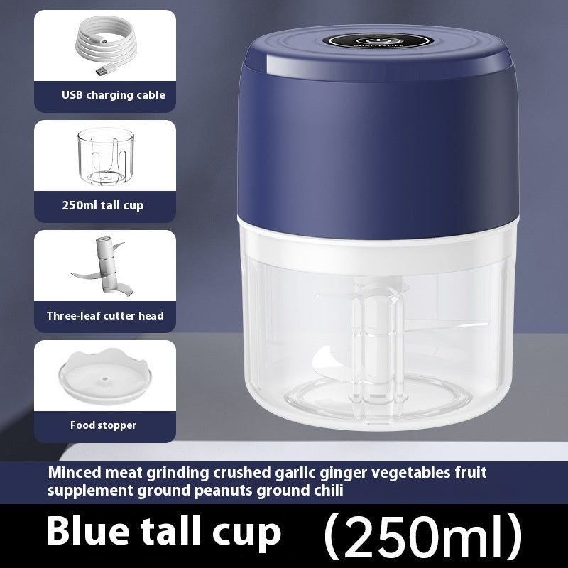 Blue mini electric garlic chopper with USB charging cable and 250ml cup