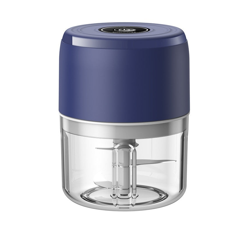 Blue mini electric garlic chopper with transparent cup and stainless steel blade